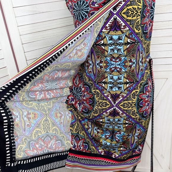 Premise Mosaic Multi Print Faux Wrap Belted Sleeveless Dress Multicolor Small - Picture 7 of 12